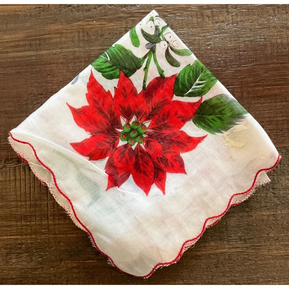 Christmas Poinsettia Holly Berry Linen Handkerchief 15.75